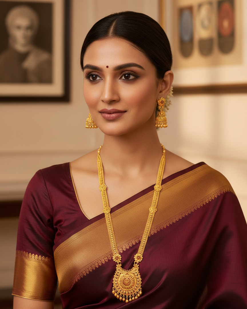 Aishwarya Suryaprabha Heritage Necklace Set – Antique Matte Gold-Plated Temple Jewelry With Matching Earrings