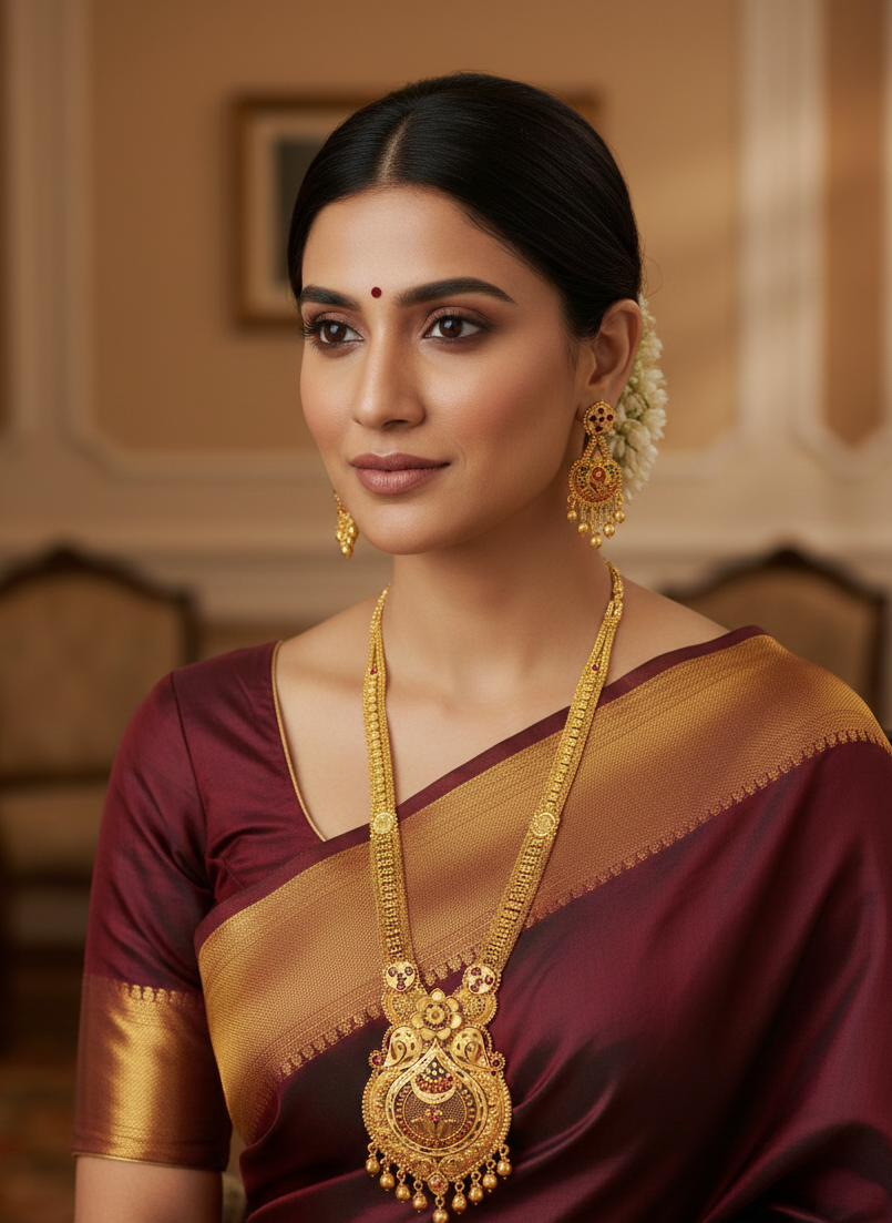 Ratnadeepa Heritage Necklace Set – Antique Matte Gold-Plated Temple Jewelry With Matching Earrings