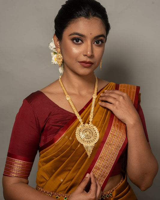 Aishwarya Heritage Haram Set – Antique Matte Gold-Plated Temple Jewelry with Ruby Accents