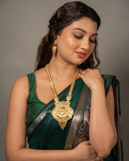 Virasat Heritage Haram Set – Antique Matte Gold-Plated Long Necklace with Ruby Accents