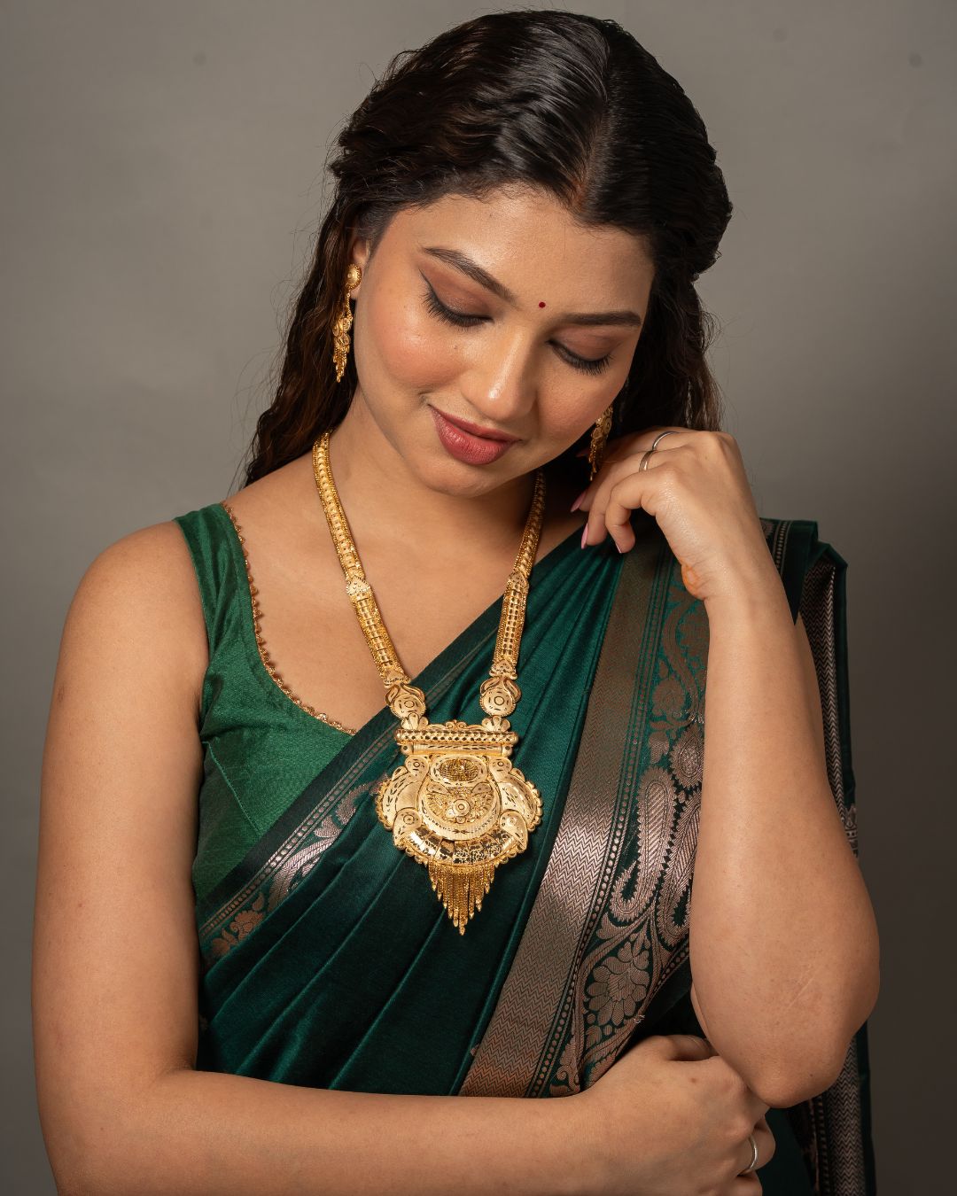 Virasat Heritage Haram Set – Antique Matte Gold-Plated Long Necklace with Ruby Accents