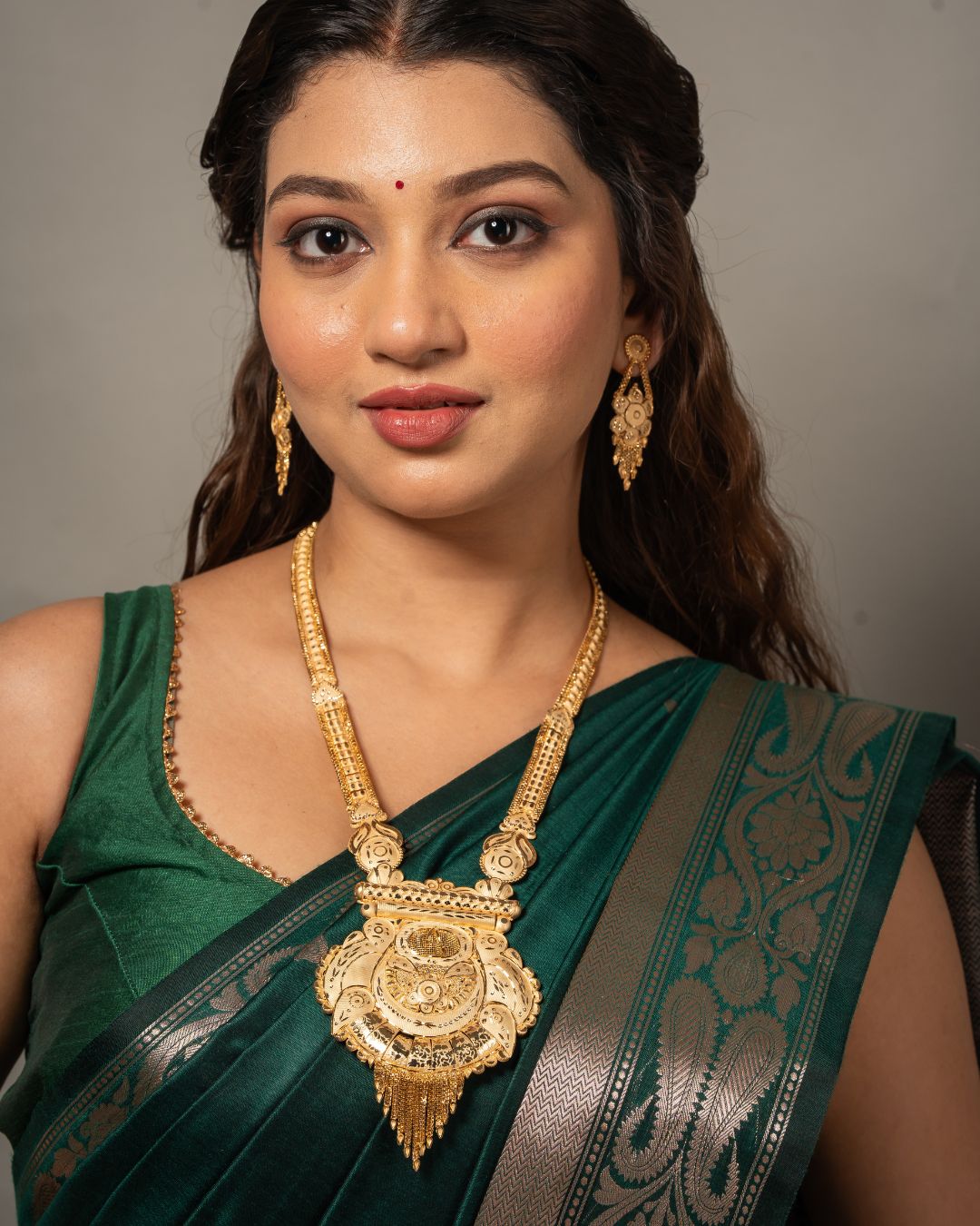 Virasat Heritage Haram Set – Antique Matte Gold-Plated Long Necklace with Ruby Accents