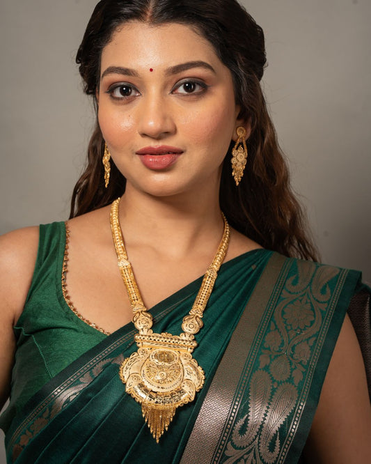 Virasat Heritage Haram Set – Antique Matte Gold-Plated Long Necklace with Ruby Accents