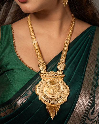 Virasat Heritage Haram Set – Antique Matte Gold-Plated Long Necklace with Ruby Accents