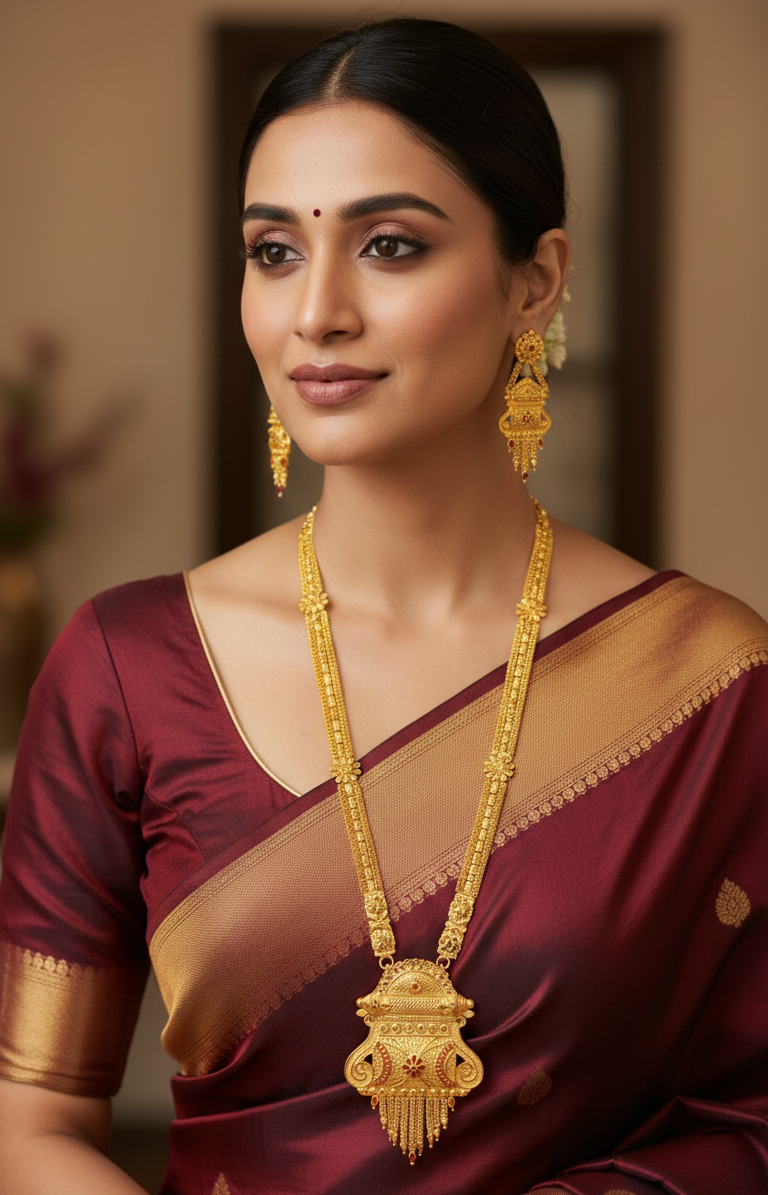 Aishwarya Rajalakshmi Heritage Necklace Set – Antique Matte Gold-Plated Temple Jewelry With Matching Earrings