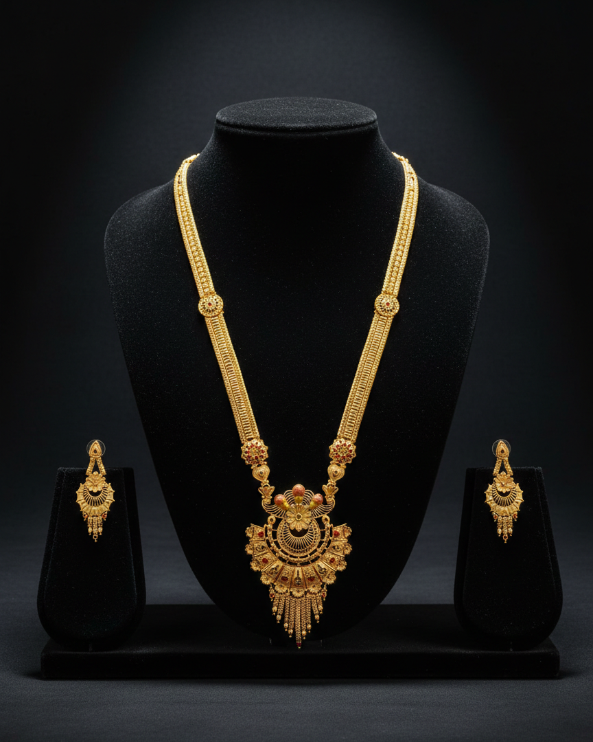 Aishwarya Kireeta Bridal Jewellery Set – Antique Matte Gold Necklace With Earrings