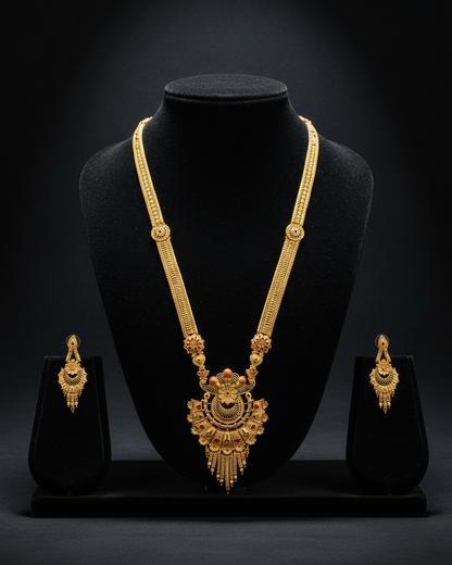 Aishwarya Kireeta Bridal Jewellery Set – Antique Matte Gold Necklace With Earrings