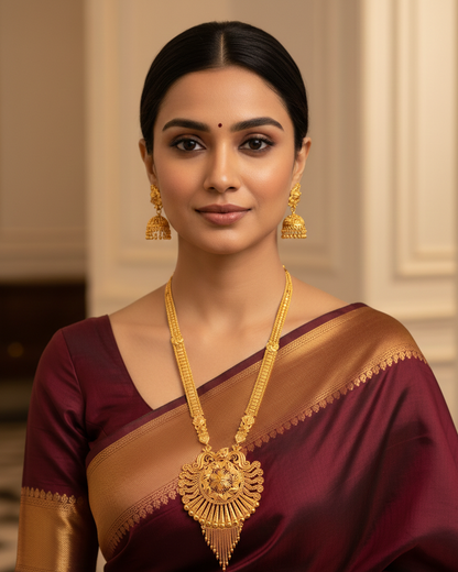Aishwarya Heritage Haram Set – Antique Matte Gold-Plated Temple Jewelry with Ruby Accents