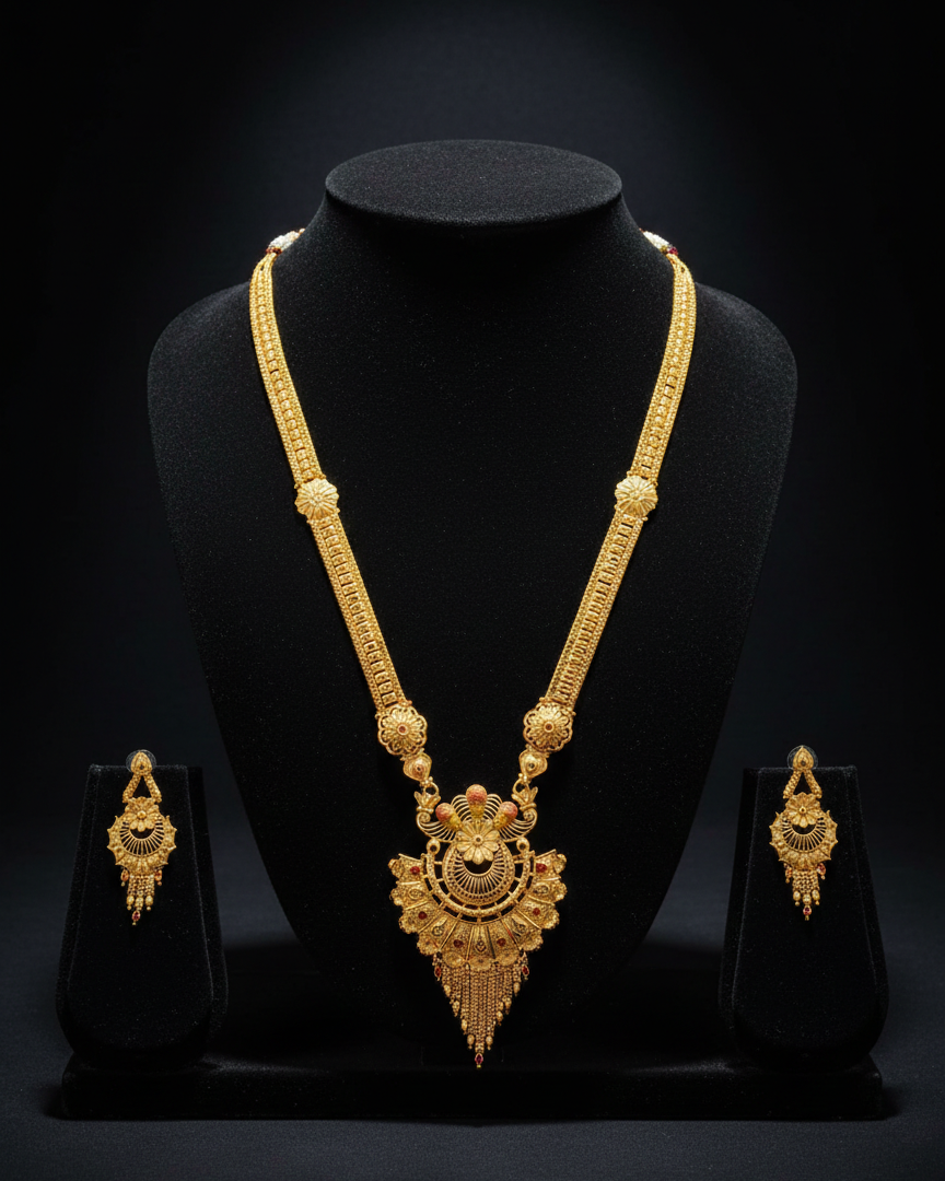 Aishwarya Pushpanjali Heritage Necklace Set – Antique Matte Gold-Plated Temple Jewelry With Matching Earrings