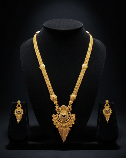 Aishwarya Pushpanjali Heritage Necklace Set – Antique Matte Gold-Plated Temple Jewelry With Matching Earrings
