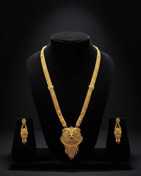 Aishwarya Heritage Haram Set – Antique Matte Gold-Plated Temple Jewelry with Ruby Accents