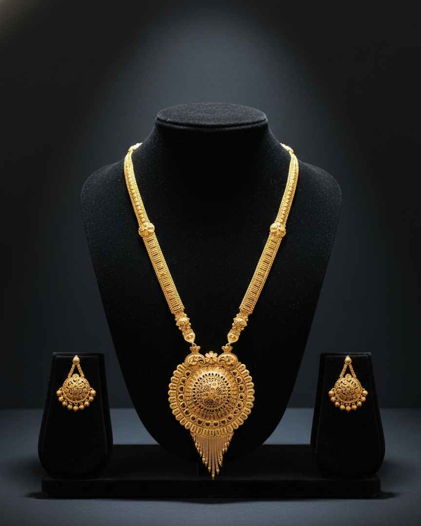 Aishwarya Chakra Royale Jewellery Set – Antique Matte Gold-Plated Necklace & Earrings Set