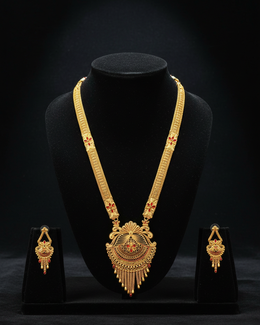 Aishwarya Ratnakamala Heritage Necklace Set – Antique Matte Gold Temple Jewelry With Matching Earrings