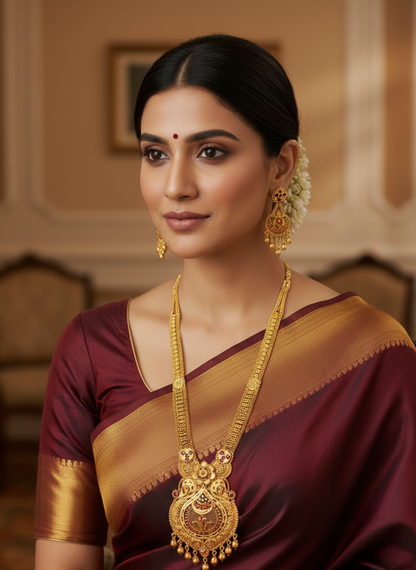 Ratnadeepa Heritage Necklace Set – Antique Matte Gold-Plated Temple Jewelry With Matching Earrings