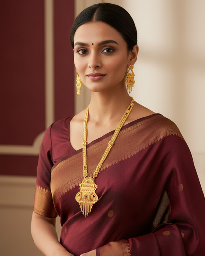 Rajamudra Heritage Necklace Set – Antique Matte Gold-Plated Temple Jewelry With Matching Earrings