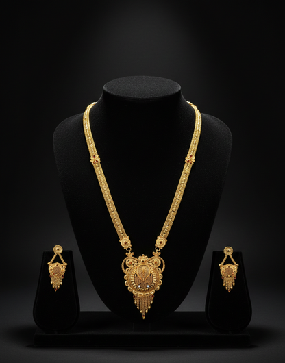Mrinalini Heritage Necklace Set – Antique Matte Gold-Plated Temple Jewelry With Matching Earrings