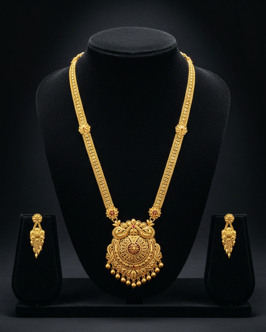 Aishwarya Suryaprabha Heritage Necklace Set – Antique Matte Gold-Plated Temple Jewelry With Matching Earrings