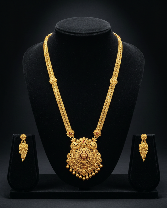 Suryaprabha Heritage Necklace Set – Antique Matte Gold-Plated Temple Jewelry With Matching Earrings