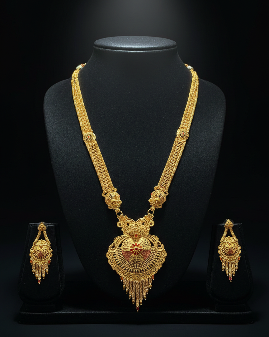 Aishwarya Padmavalli Heritage Necklace Set – Antique Matte Gold-Plated Temple Jewelry With Matching Earrings