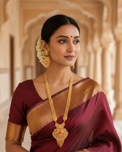 Aishwarya Padmavalli Heritage Necklace Set – Antique Matte Gold-Plated Temple Jewelry With Matching Earrings