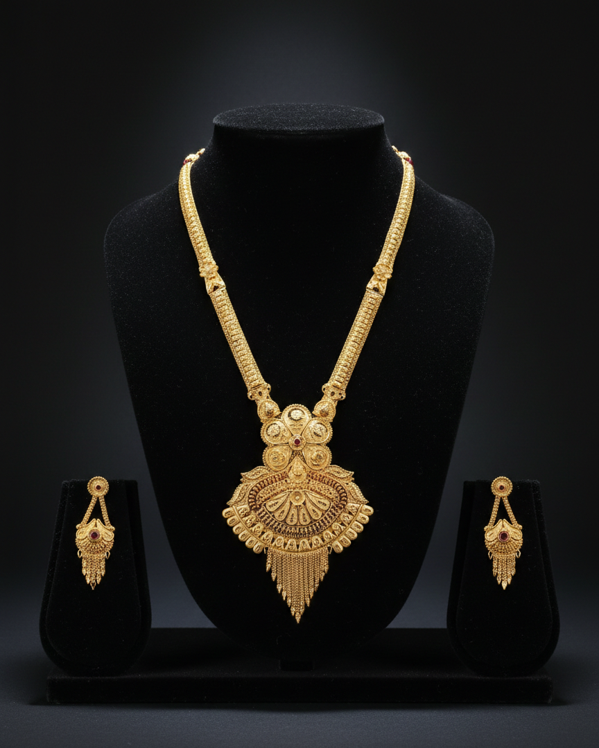 Aishwarya Padma Varnika Heritage Necklace Set – Antique Matte Gold-Plated Temple Jewelry With Matching Earrings