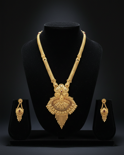 Aishwarya Padma Varnika Heritage Necklace Set – Antique Matte Gold-Plated Temple Jewelry With Matching Earrings