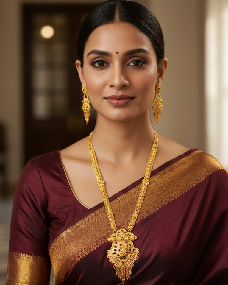 Aishwarya Mayurakshi Heritage Necklace Set – Antique Matte Gold-Plated Temple Jewelry With Matching Earrings