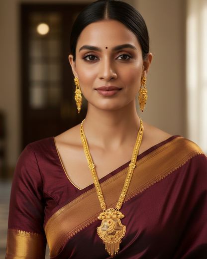 Aishwarya Mayurakshi Heritage Necklace Set – Antique Matte Gold-Plated Temple Jewelry With Matching Earrings