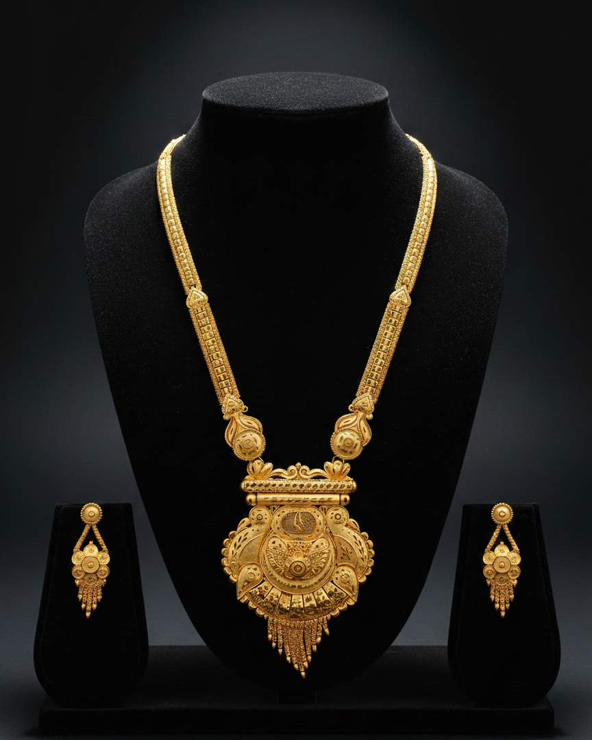 Virasat Heritage Haram Set – Antique Matte Gold-Plated Long Necklace with Ruby Accents