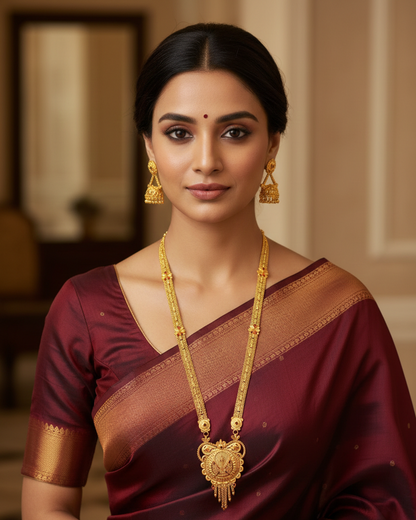 Hamsadhvani Heritage Necklace Set – Antique Matte Gold-Plated Temple Jewelry With Matching Earrings
