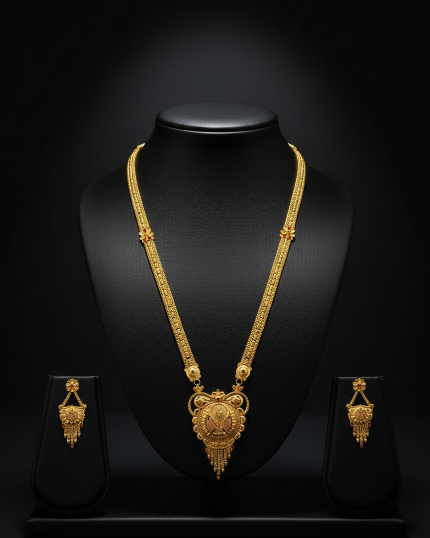 Hamsadhvani Heritage Necklace Set – Antique Matte Gold-Plated Temple Jewelry With Matching Earrings