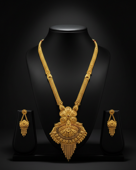 Aishwarya Heritage Haram Set – Antique Matte Gold-Plated Temple Jewelry with Ruby Accents