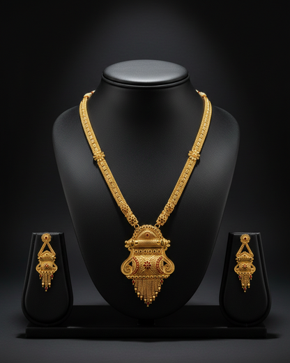 Rajamudra Heritage Necklace Set – Antique Matte Gold-Plated Temple Jewelry With Matching Earrings
