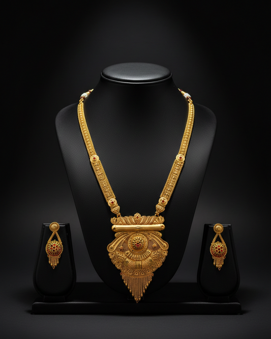 Aishwarya Heritage Haram Set – Antique Matte Gold-Plated Temple Jewelry with Ruby Accents