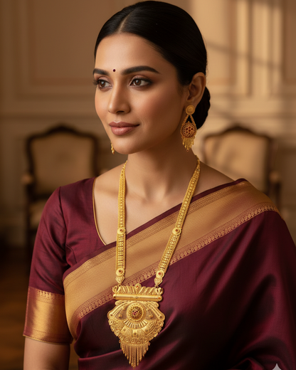 Aishwarya Chandrakirti Heritage Necklace Set – Antique Matte Gold-Plated Temple Jewelry With Matching Earrings