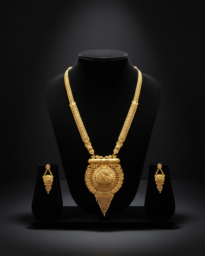 Aishwarya Chandravritta Heritage Necklace Set – Antique Matte Gold-Plated Temple Jewelry With Matching Earrings
