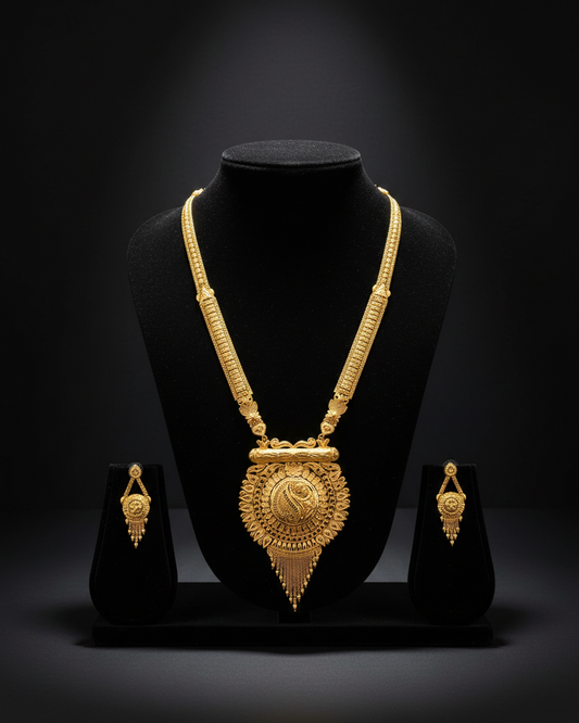 Aishwarya Heritage Haram Set – Antique Matte Gold-Plated Temple Jewelry with Ruby Accents