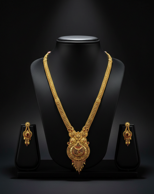 Ratnadeepa Heritage Necklace Set – Antique Matte Gold-Plated Temple Jewelry With Matching Earrings