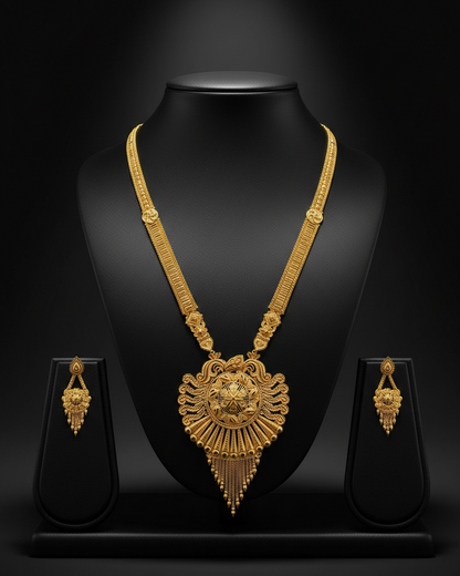 Aishwarya Heritage Haram Set – Antique Matte Gold-Plated Temple Jewelry with Ruby Accents