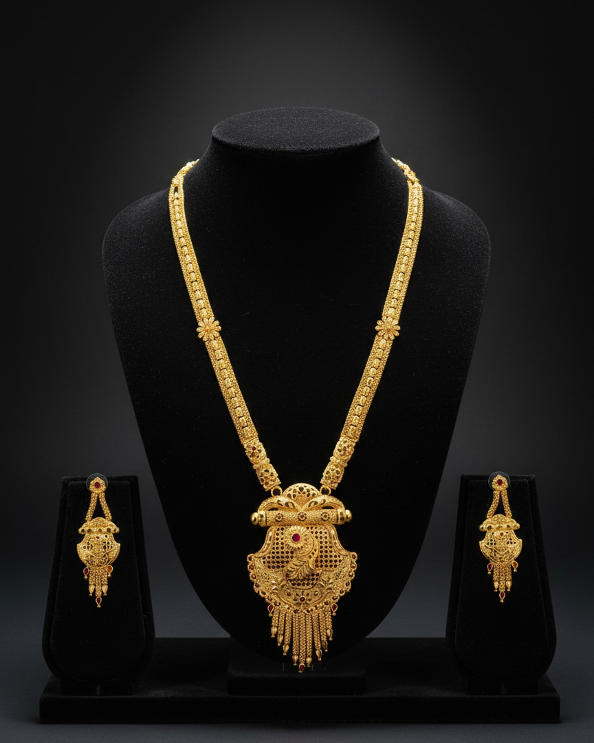 Aishwarya Mayurakshi Heritage Necklace Set – Antique Matte Gold-Plated Temple Jewelry With Matching Earrings
