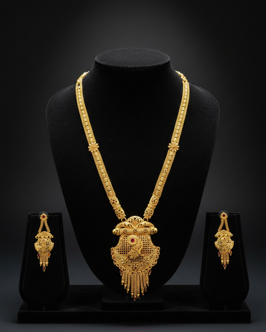 Aishwarya Heritage Haram Set – Antique Matte Gold-Plated Temple Jewelry with Ruby Accents
