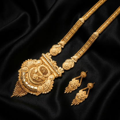 Virasat Heritage Haram Set – Antique Matte Gold-Plated Long Necklace with Ruby Accents