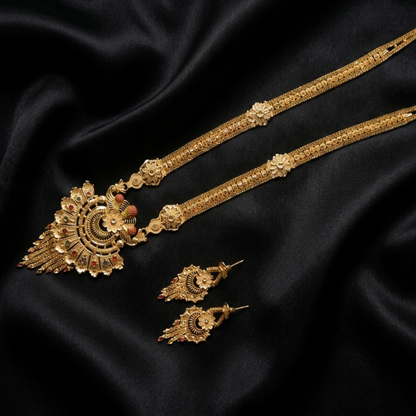 Aishwarya Pushpanjali Heritage Necklace Set – Antique Matte Gold-Plated Temple Jewelry With Matching Earrings