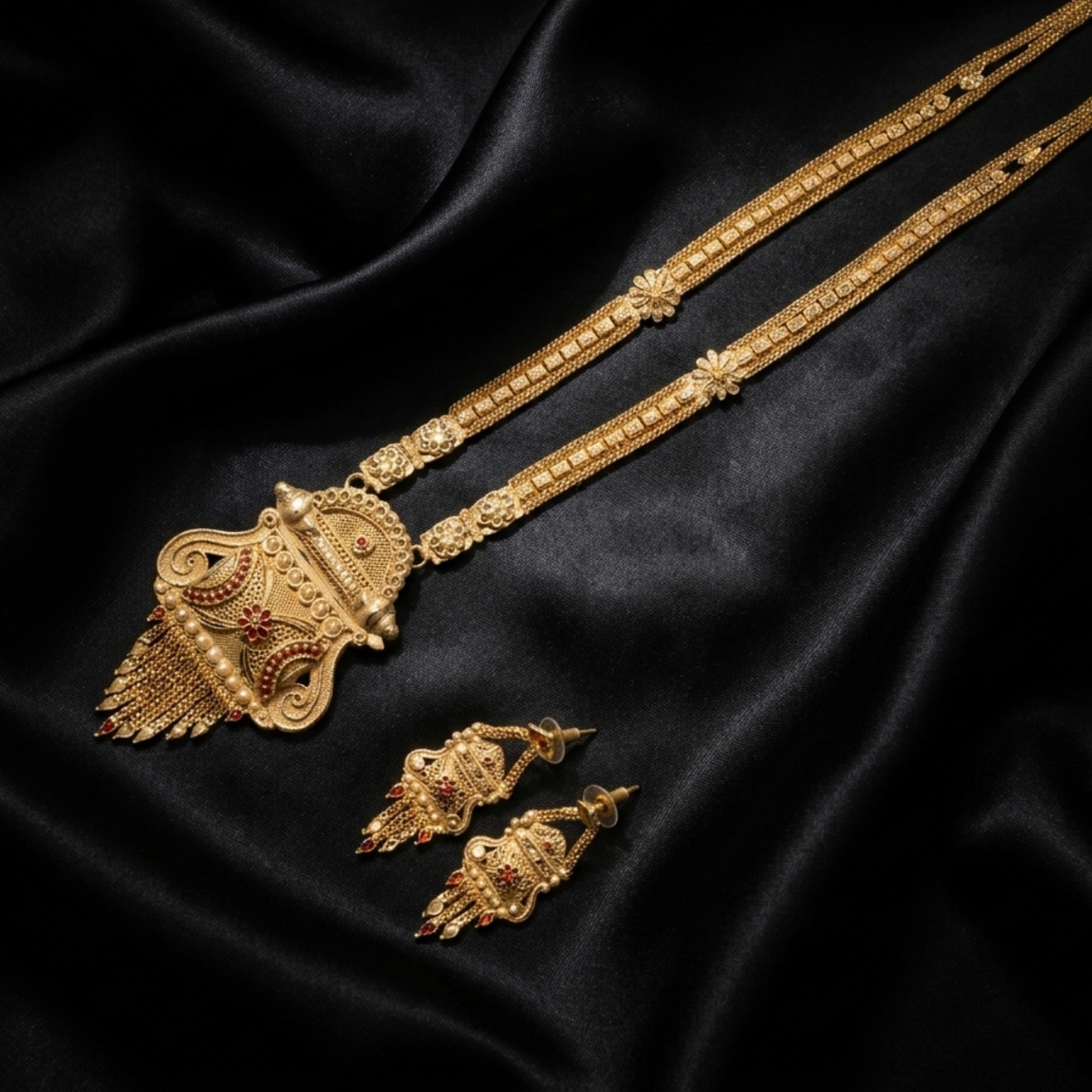 Rajamudra Heritage Necklace Set – Antique Matte Gold-Plated Temple Jewelry With Matching Earrings