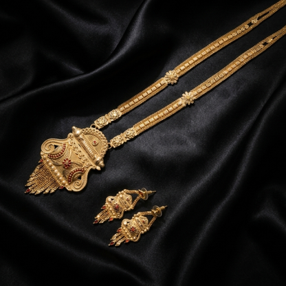 Rajamudra Heritage Necklace Set – Antique Matte Gold-Plated Temple Jewelry With Matching Earrings