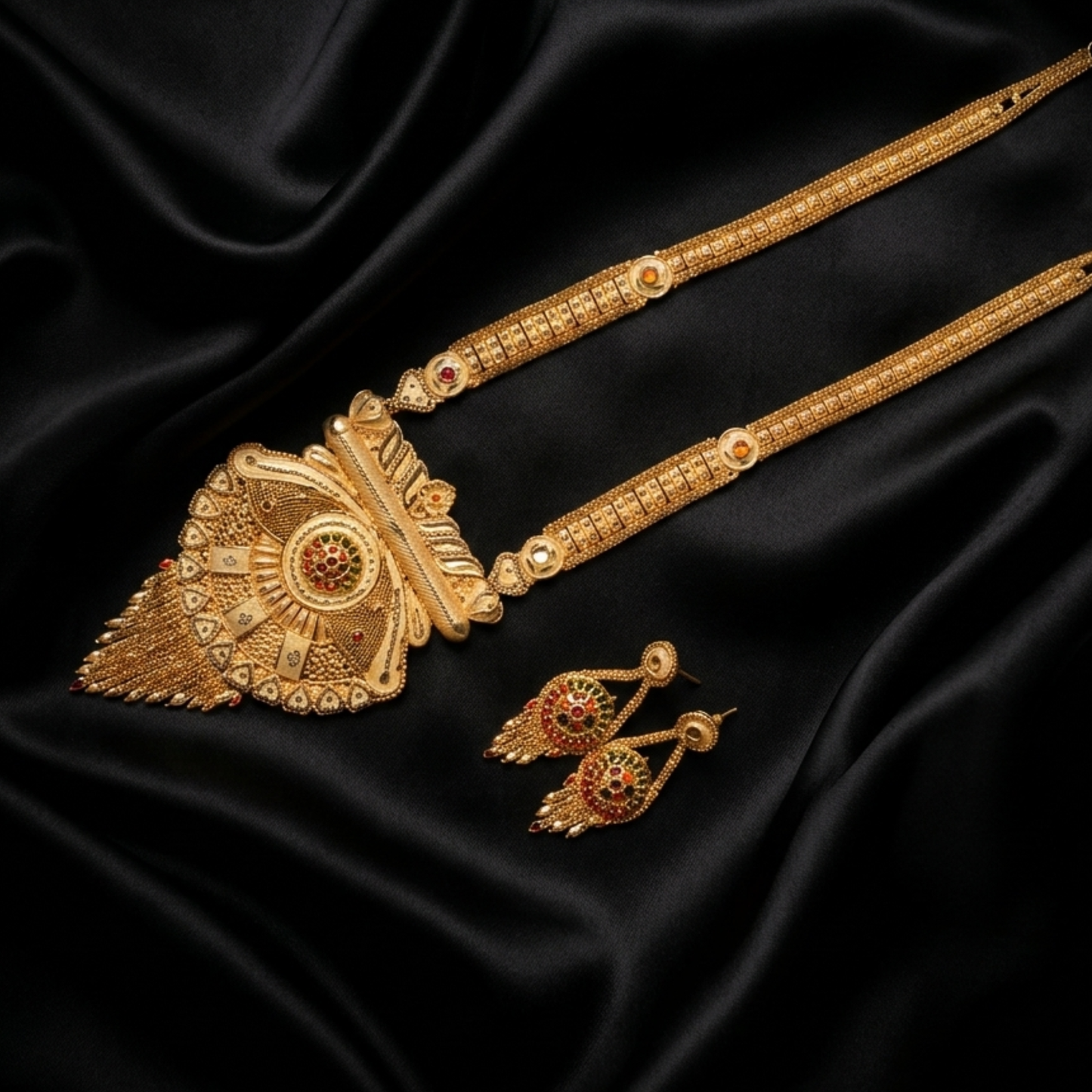 Aishwarya Chandrakirti Heritage Necklace Set – Antique Matte Gold-Plated Temple Jewelry With Matching Earrings