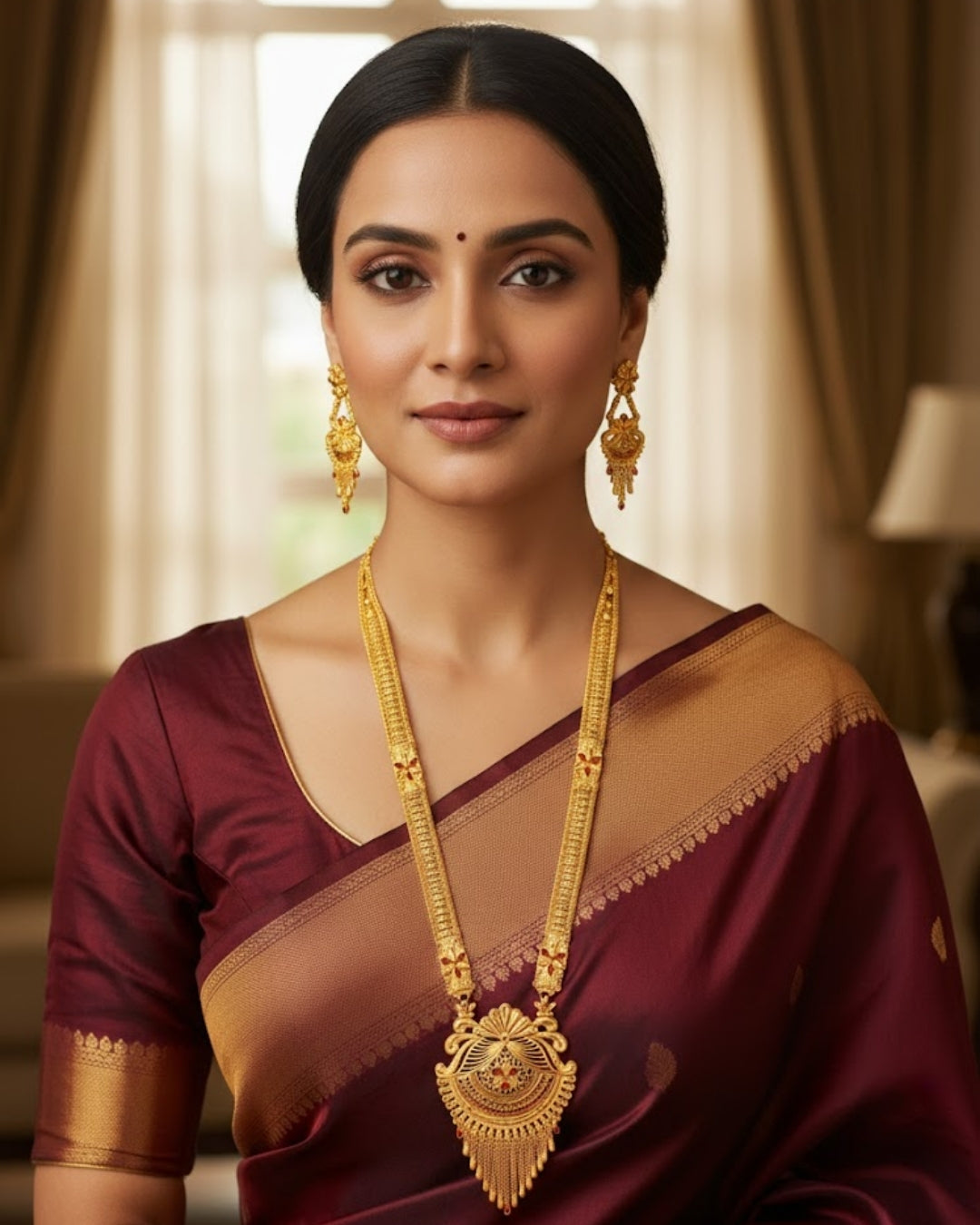 Aishwarya Ratnakamala Heritage Necklace Set – Antique Matte Gold Temple Jewelry With Matching Earrings