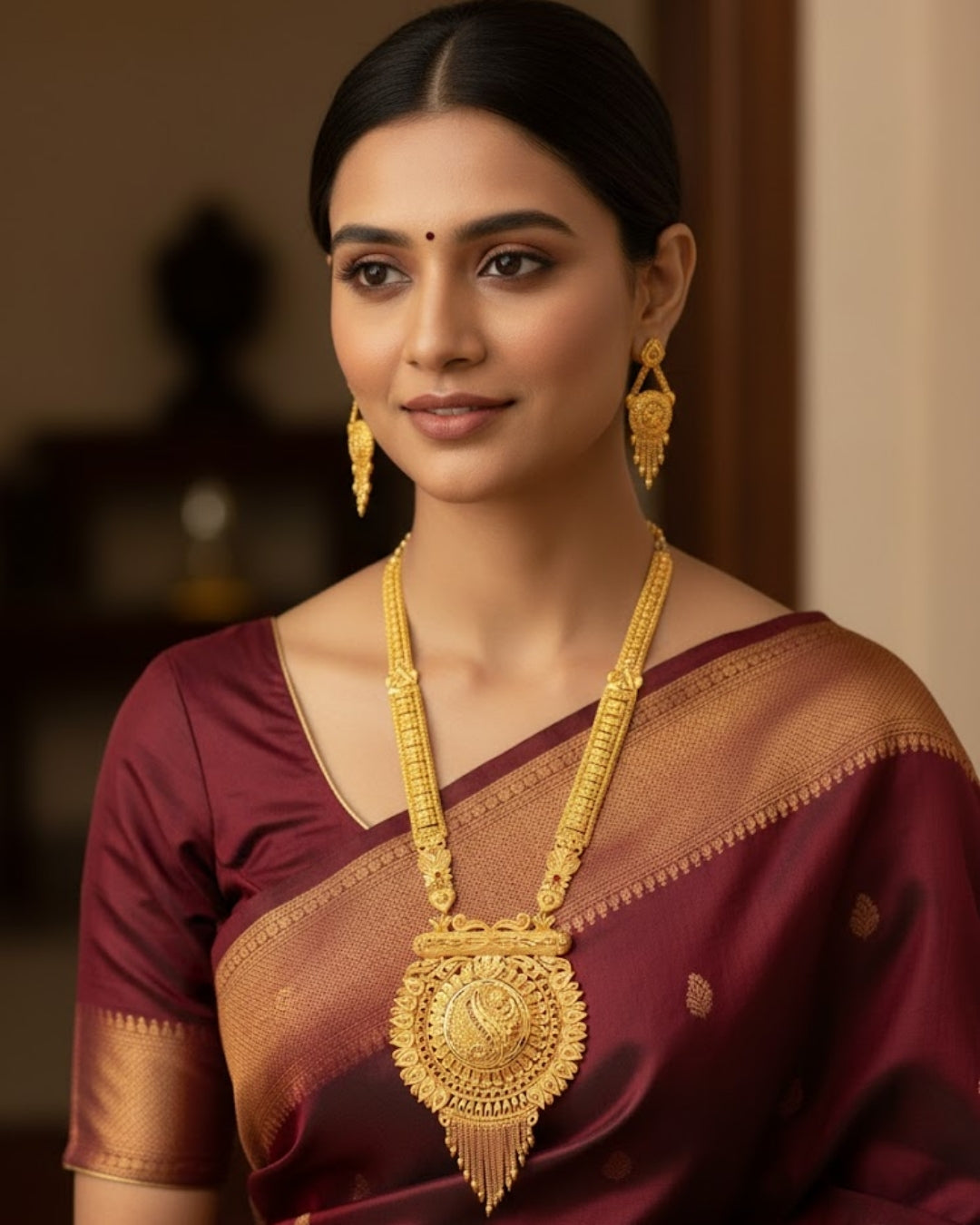 Aishwarya Chandravritta Heritage Necklace Set – Antique Matte Gold-Plated Temple Jewelry With Matching Earrings