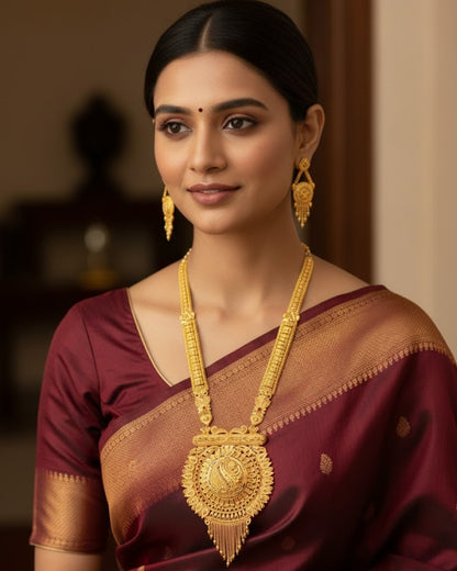 Aishwarya Chandravritta Heritage Necklace Set – Antique Matte Gold-Plated Temple Jewelry With Matching Earrings