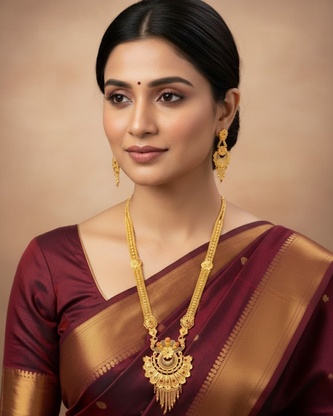Aishwarya Pushpanjali Heritage Necklace Set – Antique Matte Gold-Plated Temple Jewelry With Matching Earrings